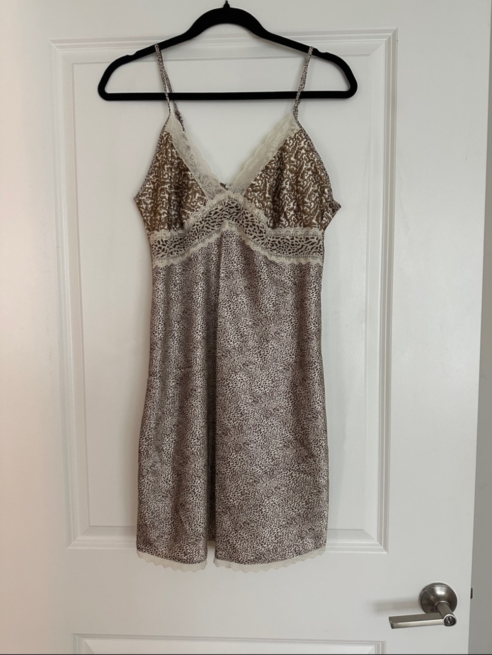 Lace-Trim Satin Chemise Nightdress in Light Brown